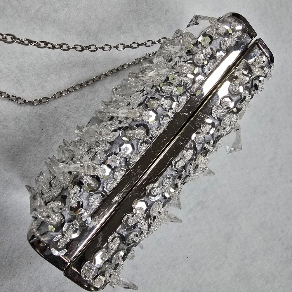 Silver Sequin Crystal Embellished Box Clutch Crossbody Bag Chain Strap Handbag - Picture 9 of 16